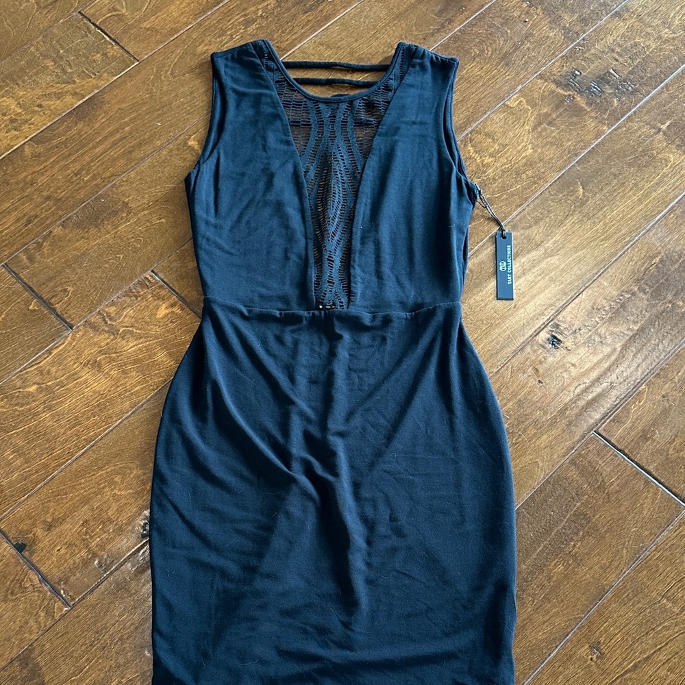Tart Black Sleeveless Mini Dress with Lace Inset